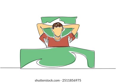 Single continuous line drawing man sleeping covered with blanket with hands placed under head. Too tired to think. Fall asleep without realizing. World Sleep Day. One line design vector illustration