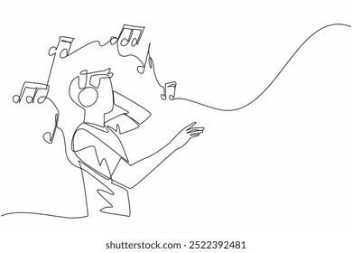 Um único homem de desenho de linha contínua usando fones de ouvido e segurando-o. Um cântico de alegria. Uma canção que apaga feridas. Esquecendo o problema. Dia Mundial da Terapia Musical. Ilustração de vetor de design de uma linha