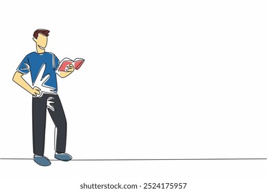 Single continuous line drawing man standing holding a book and reading it. Reading literature books. Poetry. Novels. Expressive. Appreciation. World Read Aloud Day. One line design vector illustration