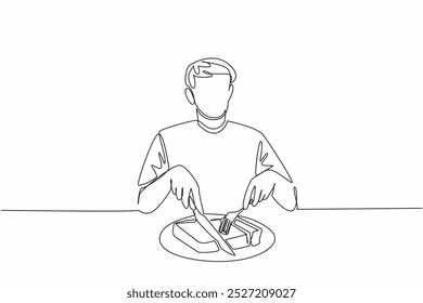 Single continuous line drawing the man cutting thick book with fork and knife into several pieces. Ready to devour knowledge until it runs out. Edible Book Day. One line design vector illustration