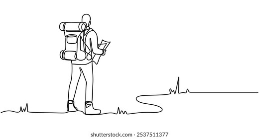 Linha única contínua desenhando homem caminhante com mochila e mapa caminhadas em montanhas ou floresta e explorando a natureza. Viagens ao ar livre ativas. Único viajante mochileiro caminhante trazer saco andando.