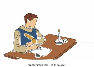 Single continuous line drawing man in medieval clothes writing on old paper. Writing rhyming poems. Writing metaphors with implied meanings. World Poetry Day. One line design vector illustration