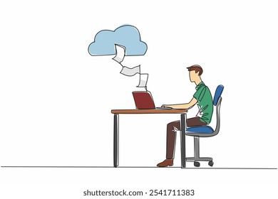 Single continuous line drawing man typing on laptop at desk. Every worksheet is saved directly to cloud server. Make work easier. Adv technology. World Backup Day. One line design vector illustration