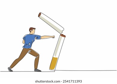 El hombre continuo del dibujo de la línea sola golpea el palillo de cigarrillo grande hasta que se rompe. Decididos a vivir más sanos que antes. Resistencia a sustancias adictivas. Ilustración vectorial de diseño de una línea