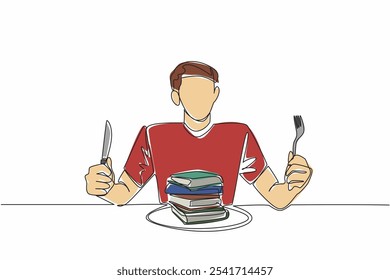 Uma linha contínua desenhando um homem com roupas casuais segurando um garfo e uma faca. O passatempo da leitura é o mesmo que comer muito. Dia do Livro Comestível. Ilustração de vetor de design de uma linha