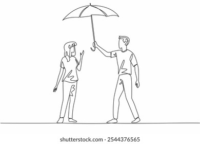 Uma única linha contínua desenhando um homem com roupas casuais segurando um guarda-chuva sobre uma mulher. Forma de afeto. Evitar o calor do tempo. Amor. Dia das Boas Ações. Ilustração de vetor de design de uma linha