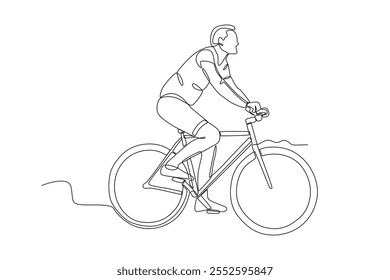 Single continuous line drawing of Man who enjoys cycling in the park. Dynamic single line draw design graphic vector illustration.
