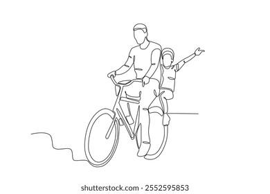 Single continuous line drawing of A man and his son enjoy cycling in the park. Dynamic single line draw design graphic vector illustration.
