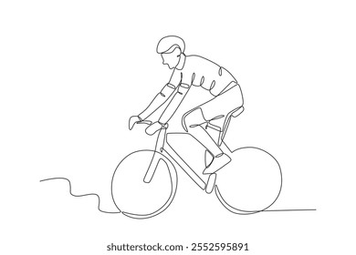 Single continuous line drawing of Man who enjoys cycling in the park. Dynamic single line draw design graphic vector illustration.
