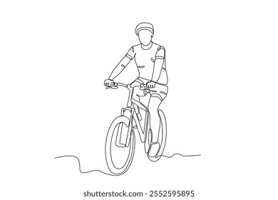 Single continuous line drawing of Man who enjoys cycling in the park. Dynamic single line draw design graphic vector illustration.

