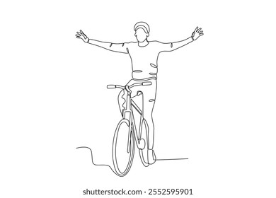 Single continuous line drawing of Man who enjoys cycling in the park. Dynamic single line draw design graphic vector illustration.
