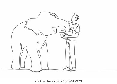 Single continuous line drawing man stands and carries basket of food in front of a baby elephant. Love by giving healthy food. Stroking head. Save The Elephant Day. One line design vector illustration