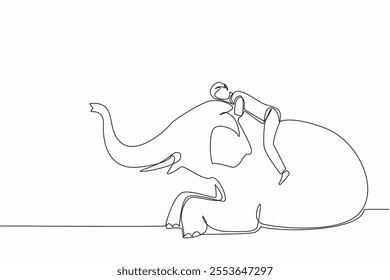 Single continuous line drawing a man lying on the back of an elephant who is sitting and hugging his neck. An exhausted zookeeper. Loving. Save The Elephant Day. One line design vector illustration