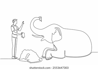 Single continuous line drawing a man standing in front of a sitting elephant holding a pile of grass. Feeding the best quality grass. Care. Save The Elephant Day. One line design vector illustration