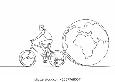 Single continuous line drawing a man riding a bicycle and behind him is a globe. Activities that do not damage the green earth. No pollution. Healthy. Bicycle Day. One line design vector illustration