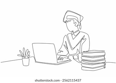 Single continuous line drawing a man wearing a graduation gown complete with a hat. The spirit of working on a dissertation. Graduated. National Dissertation Day. One line design vector illustration