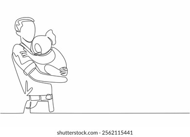 Single continuous line drawing a man in casual clothes carrying a koala. a man in casual clothes carrying a koala. Pampering with humans. Hug an Australian Day. One line design vector illustration