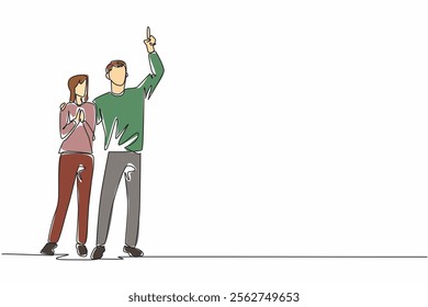 Single continuous line drawing a man in casual clothes embraces a woman with his hand pointing upwards. Showing beautiful constellations. Look Up at The Sky Day. One line design vector illustration