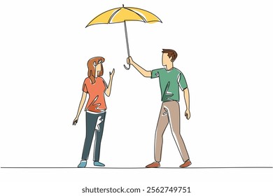 Single continuous line drawing a man in casual clothes holding an umbrella over a woman. Form of affection. Avoiding the heat of the weather. Love. Good Deeds Day. One line design vector illustration