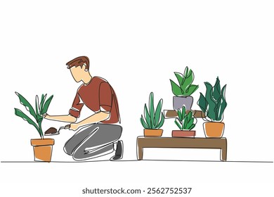 Single continuous line drawing a man in casual clothes kneeling on the floor while sprinkling soil from a shovel. Care with full patience. National Gardening Day. One line design vector illustration