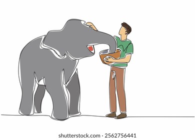 Single continuous line drawing man stands and carries basket of food in front of a baby elephant. Love by giving healthy food. Stroking head. Save The Elephant Day. One line design vector illustration