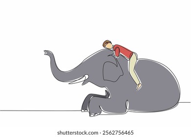 Single continuous line drawing a man lying on the back of an elephant who is sitting and hugging his neck. An exhausted zookeeper. Loving. Save The Elephant Day. One line design vector illustration