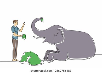 Single continuous line drawing a man standing in front of a sitting elephant holding a pile of grass. Feeding the best quality grass. Care. Save The Elephant Day. One line design vector illustration