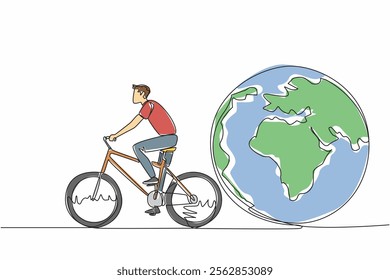 Single continuous line drawing a man riding a bicycle and behind him is a globe. Activities that do not damage the green earth. No pollution. Healthy. Bicycle Day. One line design vector illustration