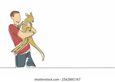 Single continuous line drawing man hugging kangaroo. Cared for since they were small, it is time to release them into their natural habitat. Hug an Australian Day. One line design vector illustration