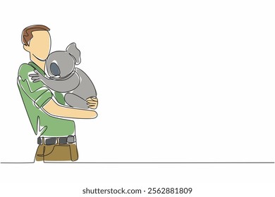 Single continuous line drawing a man in casual clothes carrying a koala. a man in casual clothes carrying a koala. Pampering with humans. Hug an Australian Day. One line design vector illustration