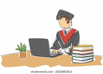 Single continuous line drawing a man wearing a graduation gown complete with a hat. The spirit of working on a dissertation. Graduated. National Dissertation Day. One line design vector illustration