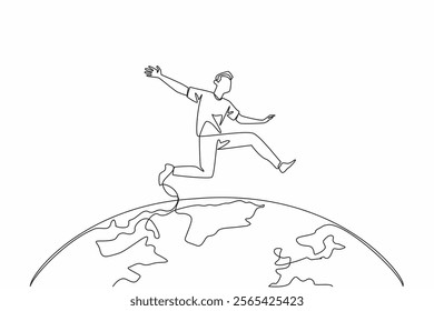 Single continuous line drawing a man in casual clothes jumps on half globe. Bringing parkour sport to the world. Healthy. Healthy community. We Jump The World Day. One line design vector illustration