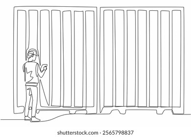 Single continuous line drawing a man wearing helmet holding a clipboard. Initial or final inspection. Goods received or to be shipped. National Supply Chain Day. One line design vector illustration