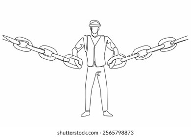 Single continuous line drawing man wearing project vest and helmet hooking chain with both hands. Symbolism. Connecting logistics needs. National Supply Chain Day. One line design vector illustration