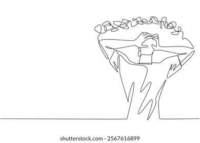 Single continuous line drawing man holding head with both hands and a rope tangled around head. Mentally exhausted. Endless pain. National Anxiety Screening Day. One line design vector illustration