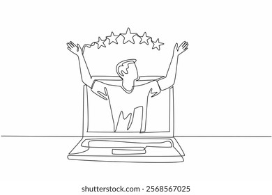 Single continuous line drawing man raised hands and above them were 5 stars. Increase credibility. Very satisfying. Captivating performance. Write a Review Day. One line design vector illustration