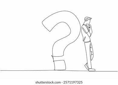 Single continuous line drawing man in casual clothes leaning his back against big question mark. Find the best solution. Get out of trouble. National Day of Reason. One line design vector illustration