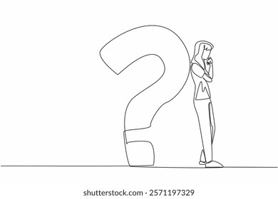 Single continuous line drawing man in casual clothes leaning his back against a big question mark. Questioning the destiny of life. Pensive. National Day of Reason. One line design vector illustration