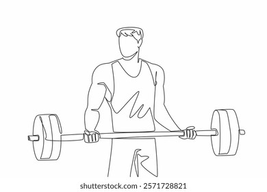 Single continuous line drawing man lifting a barbell with both hands. Practice adding two barbell rings. Sustainable sports. The muscular man. National Fitness Day. One line design vector illustration