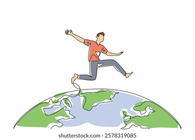 Single continuous line drawing a man in casual clothes jumps on half globe. Bringing parkour sport to the world. Healthy. Healthy community. We Jump The World Day. One line design vector illustration