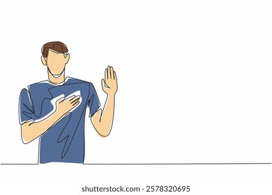 Single continuous line drawing man in casual clothes posing swear gesture. Honest and trustworthy nature. Has many friends and relations. National Honesty Day. One line design vector illustration