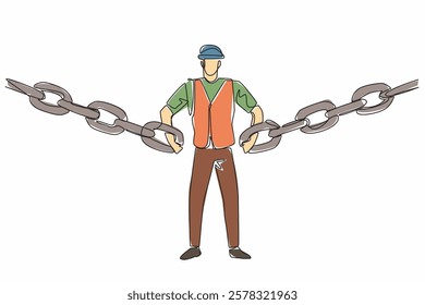 Single continuous line drawing man wearing project vest and helmet hooking chain with both hands. Symbolism. Connecting logistics needs. National Supply Chain Day. One line design vector illustration