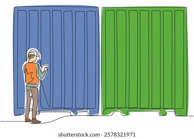 Single continuous line drawing a man wearing helmet holding a clipboard. Initial or final inspection. Goods received or to be shipped. National Supply Chain Day. One line design vector illustration