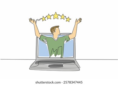 Single continuous line drawing man raised hands and above them were 5 stars. Increase credibility. Very satisfying. Captivating performance. Write a Review Day. One line design vector illustration