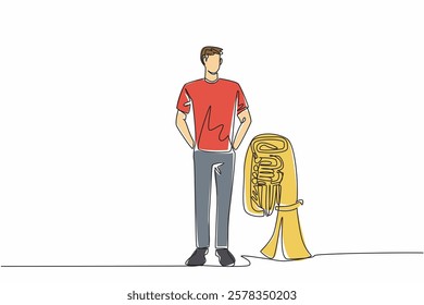 Single continuous line drawing a man in casual clothes standing next to a tuba. Preparation before entertaining the pedestrians. The musician. National Tuba Day. One line design vector illustration