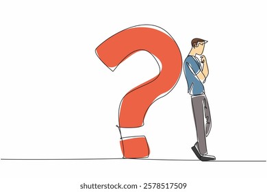 Single continuous line drawing man in casual clothes leaning his back against big question mark. Find the best solution. Get out of trouble. National Day of Reason. One line design vector illustration