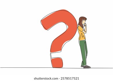 Single continuous line drawing man in casual clothes leaning his back against a big question mark. Questioning the destiny of life. Pensive. National Day of Reason. One line design vector illustration