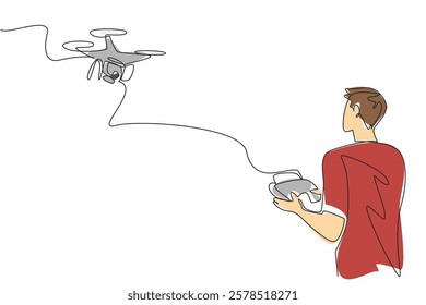 Single continuous line drawing a man in casual clothes controls a drone with a remote control outdoors. Drone pilot. Modern technology. International Drone Day. One line design vector illustration