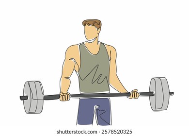 Single continuous line drawing man lifting a barbell with both hands. Practice adding two barbell rings. Sustainable sports. The muscular man. National Fitness Day. One line design vector illustration