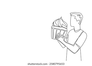 Single continuous line drawing a man eating a large cupcake. Forget about excess sugar content. Mainly a full stomach. Gluten. The overeater. National No Diet Day. One line design vector illustration